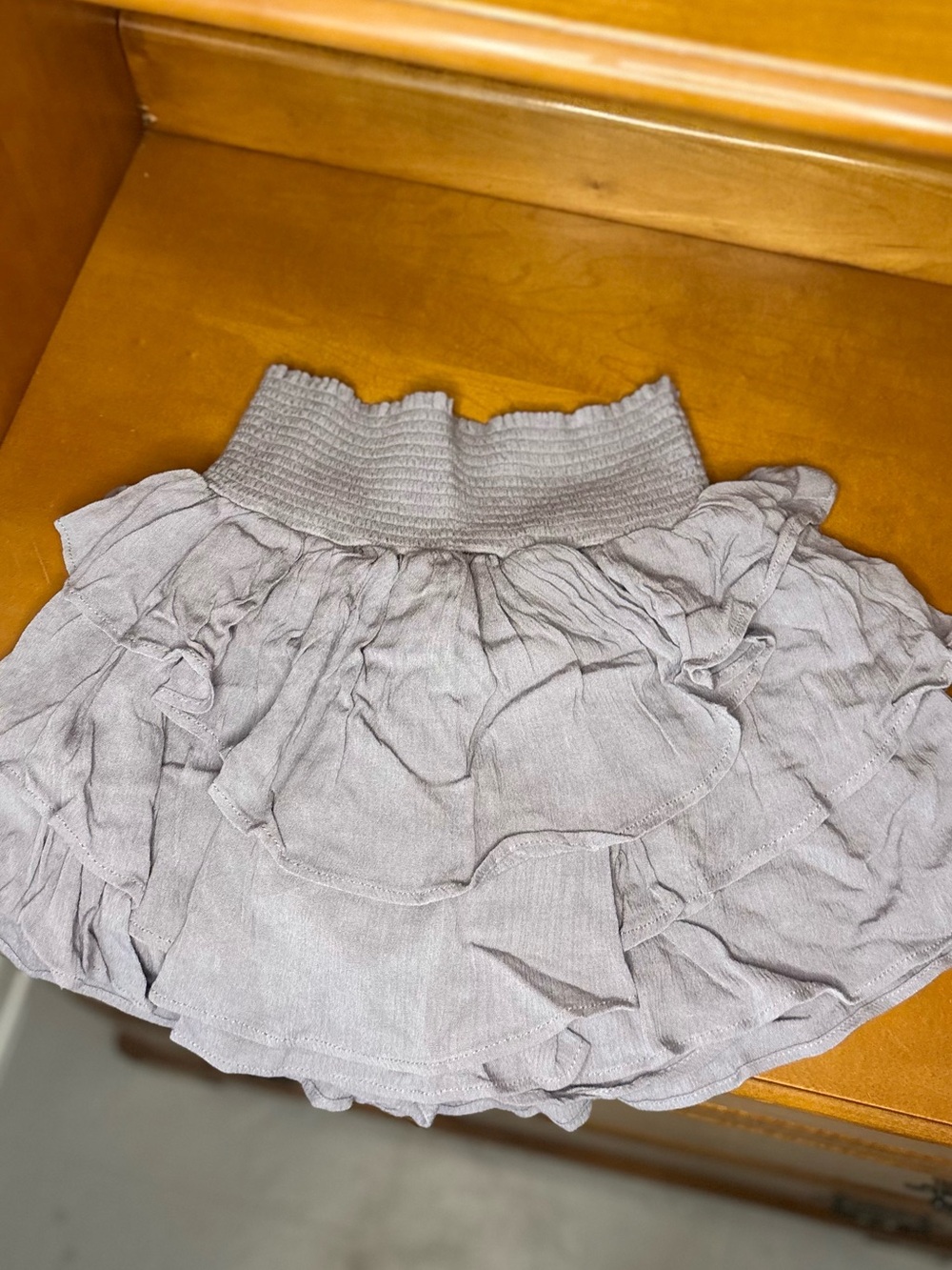 Sincerely Jules Light Gray Smocked Ruffle Mini Skirt